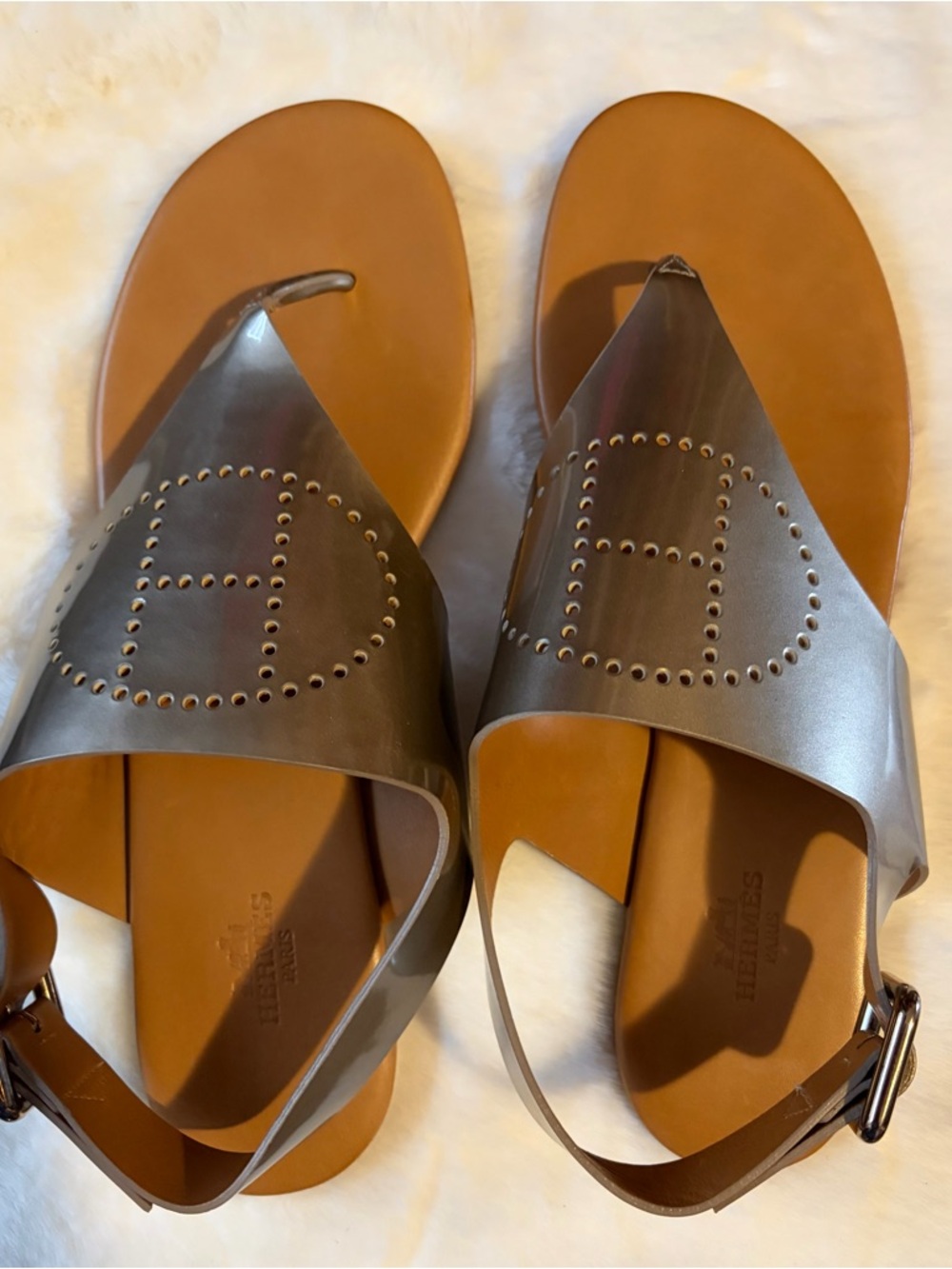 Hermes Metallic Bronze Kola Thong Slingback Sandals (Size 38.5)
